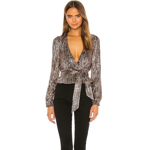 Lovers + Friends Goldie Metallic Sequin Tie Front Top S - Picture 4 of 15